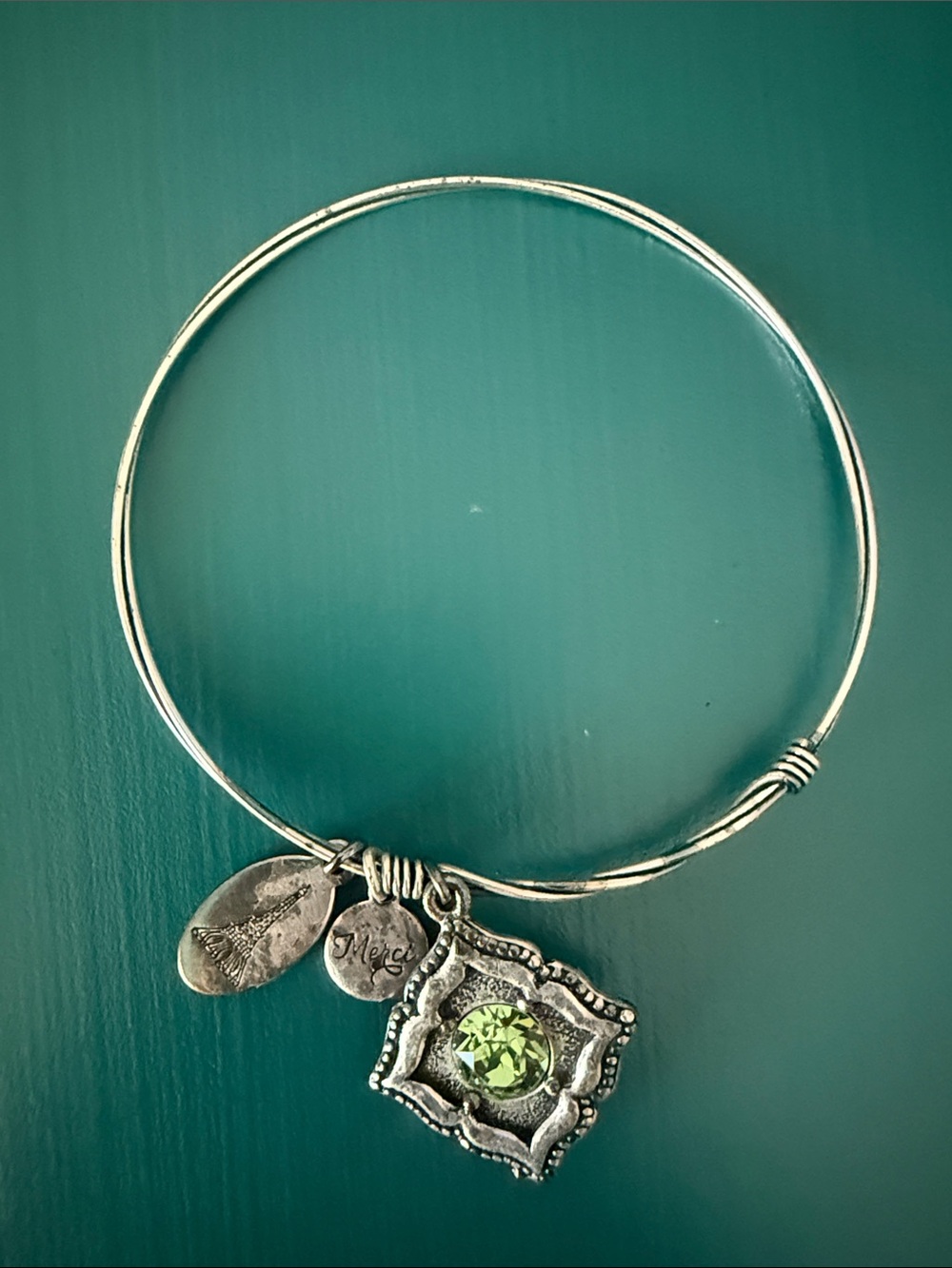 Angelica Silver Bangle with Peridot Green Crystal Charm